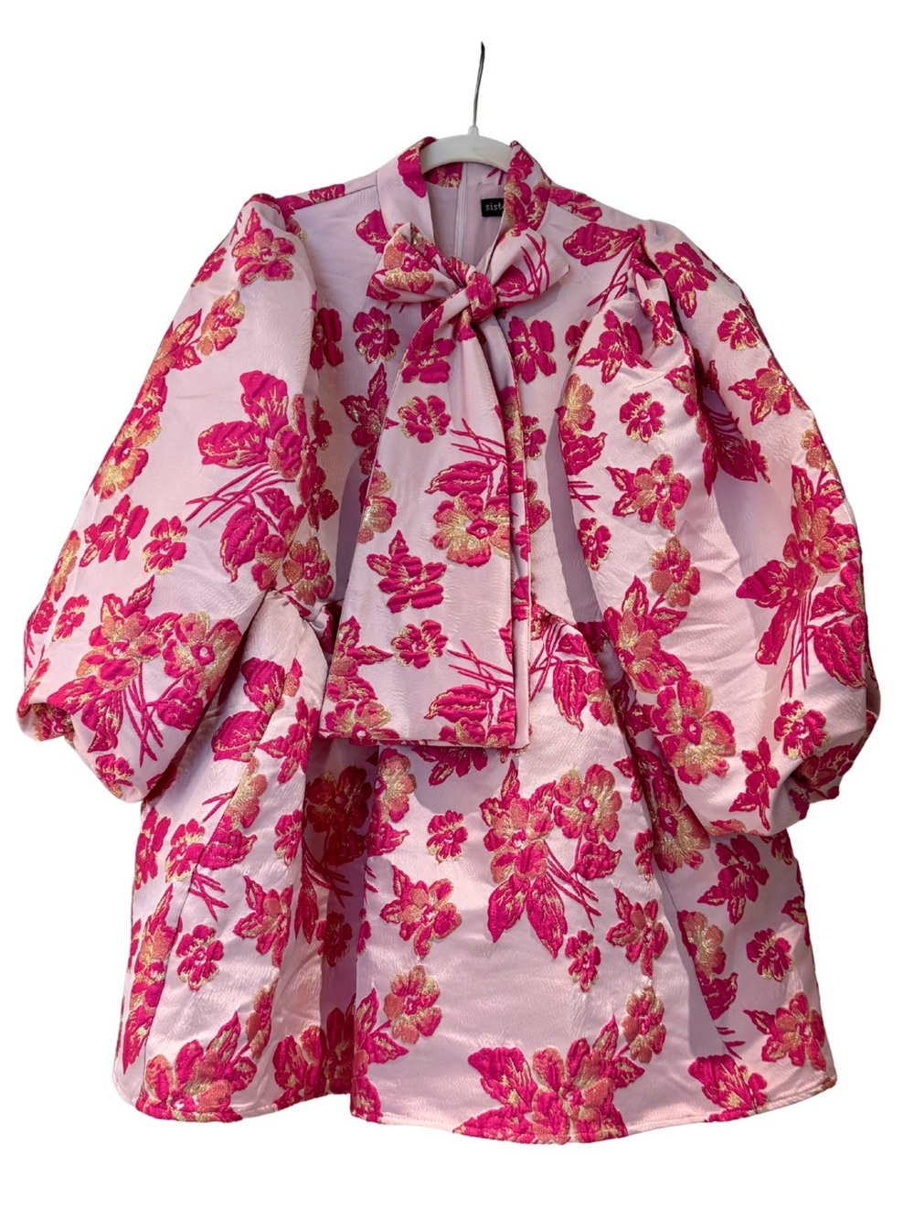 Sister Jane Balloon Sleeve Jacquard Smock Dress with Pussybow in Pink Floral